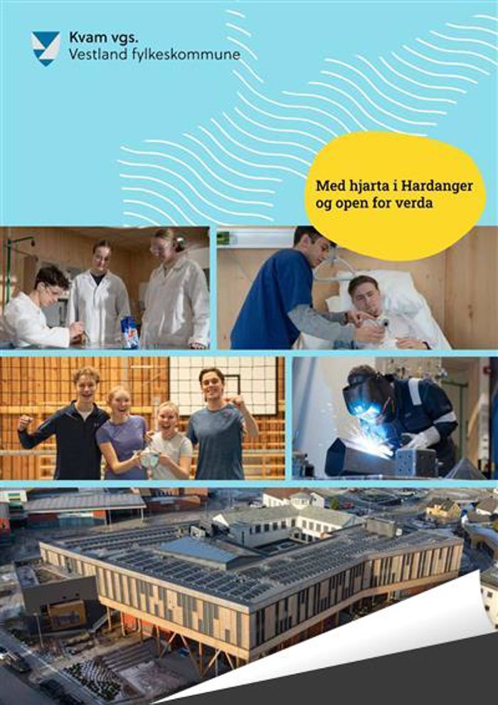 Bilete av framside på brosjyre om skulen. Illustrasjon av nytt skulebygg.